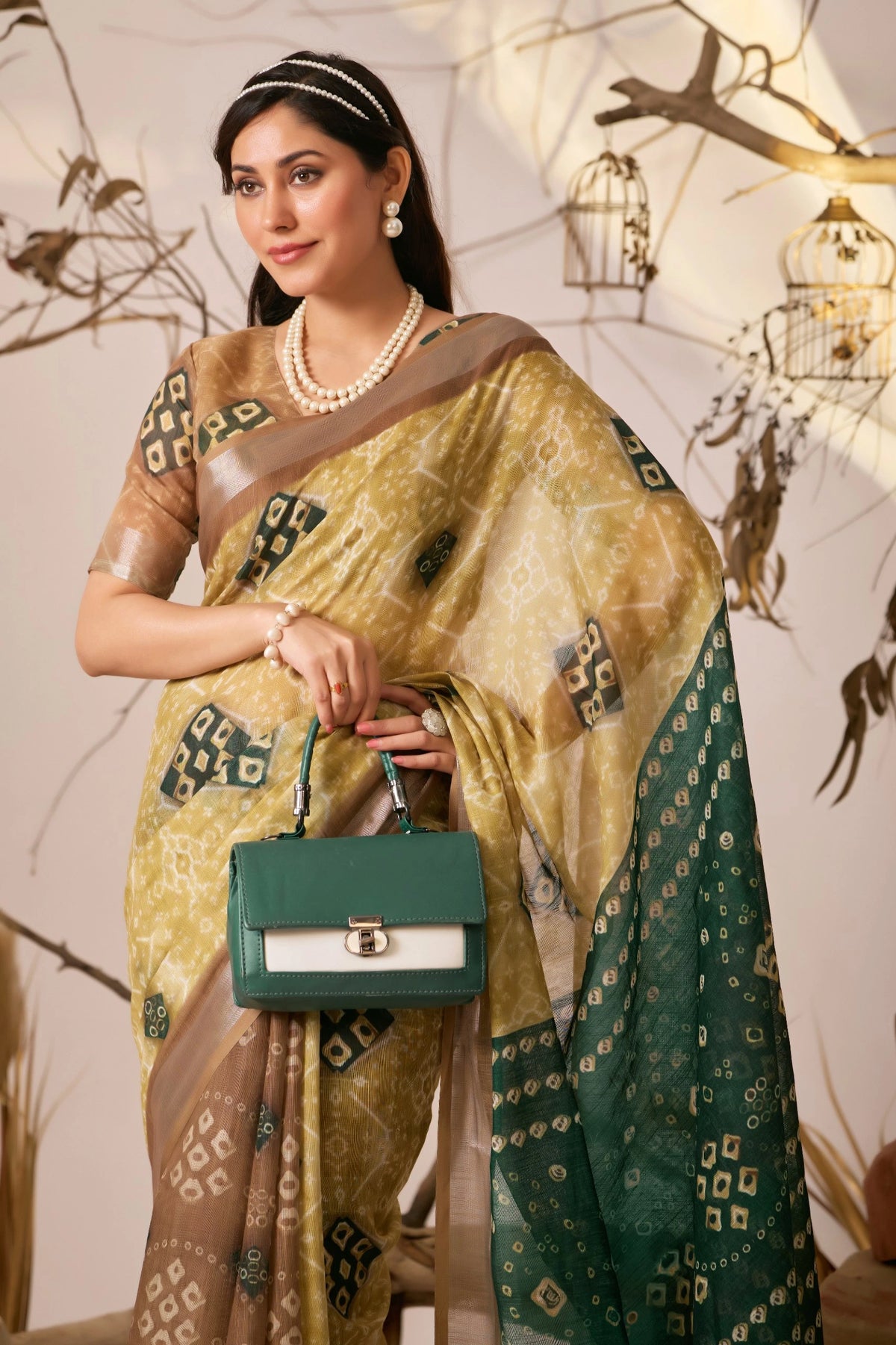 Mustard Yellow Traditional Patola Ikat Style Digital Print Linen Cotton Saree