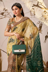 Mustard Yellow Traditional Patola & Ikat Style Digital Print Linen Cotton Saree