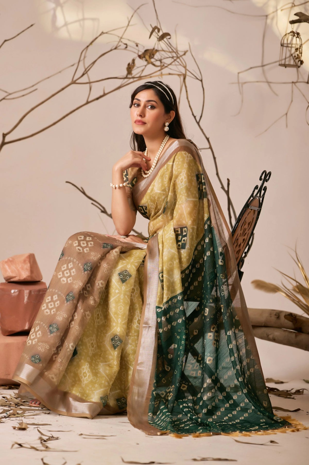 mustard yellow traditional patola ikat style digital print linen cotton saree