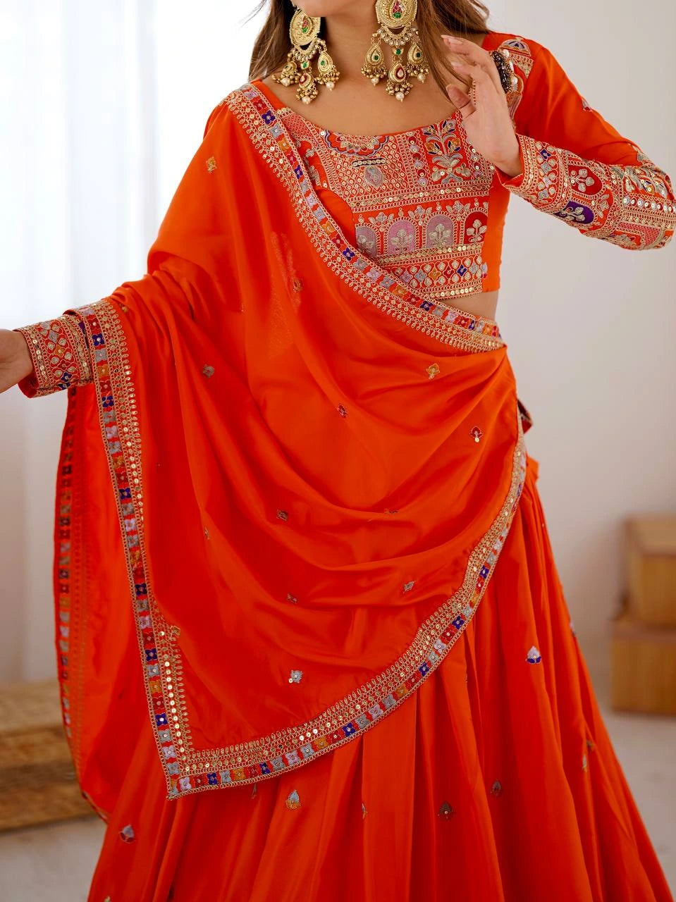 Orange Embroidery With Multi Thread Sequins Work French Crepe Lehenga