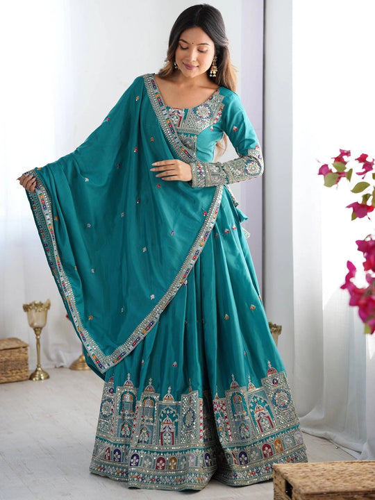 Multi-thread and sequin teal lehenga set – Kalyanja.