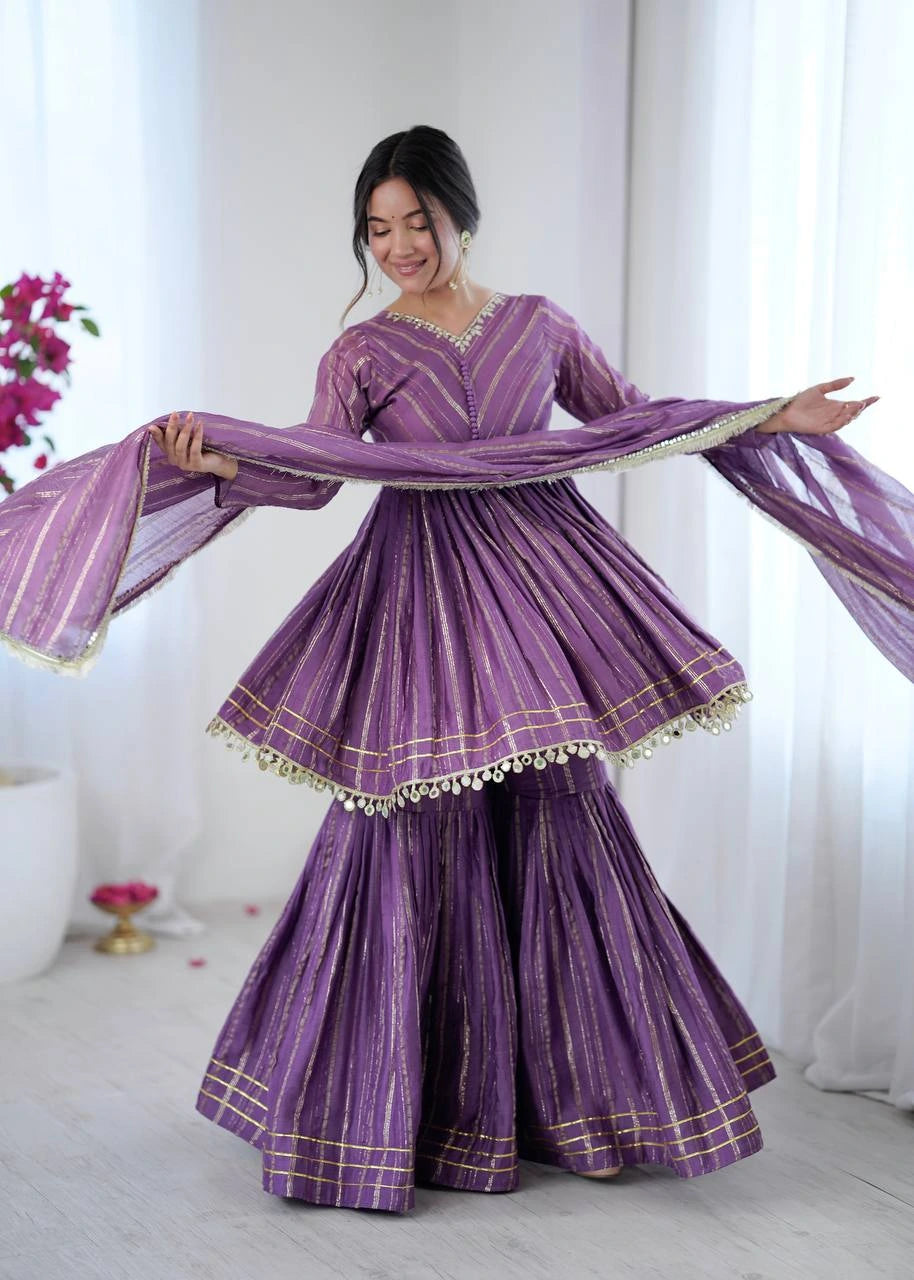 Lavender Handwork With Mirror Work Mal Chanderi Suit