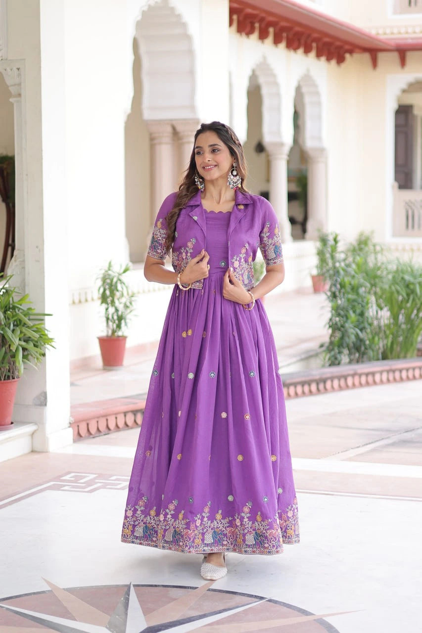Purple Sequins Thread Zari Embroidery Work Vichitra Silk Gown