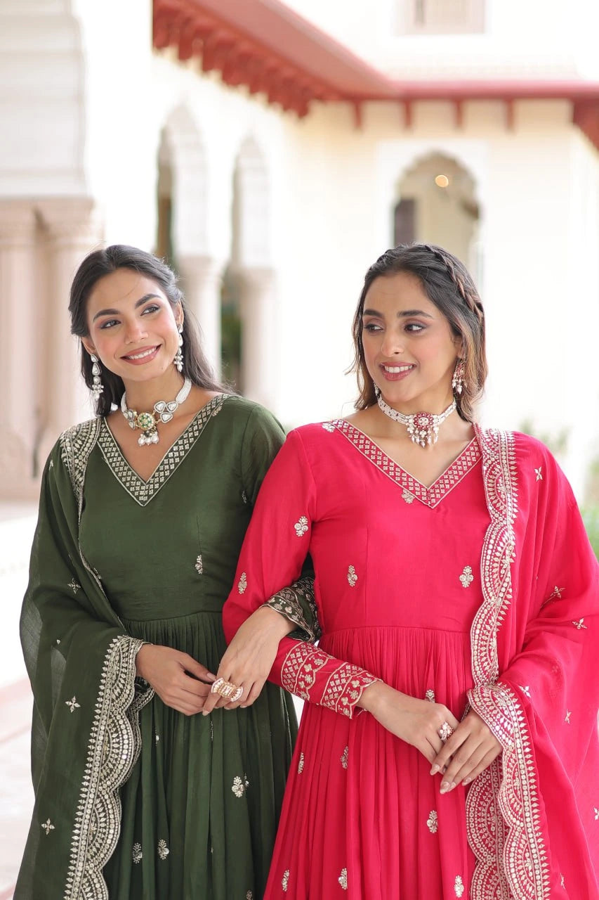 Silver embroidered olive green Kashvi gown – Kalyanja.