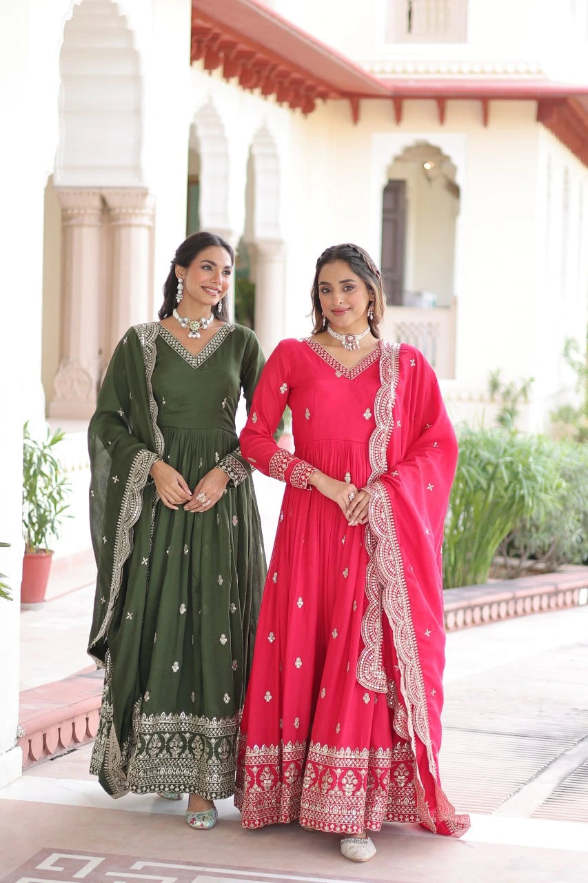 Silver embroidered olive green Kashvi gown – Kalyanja.