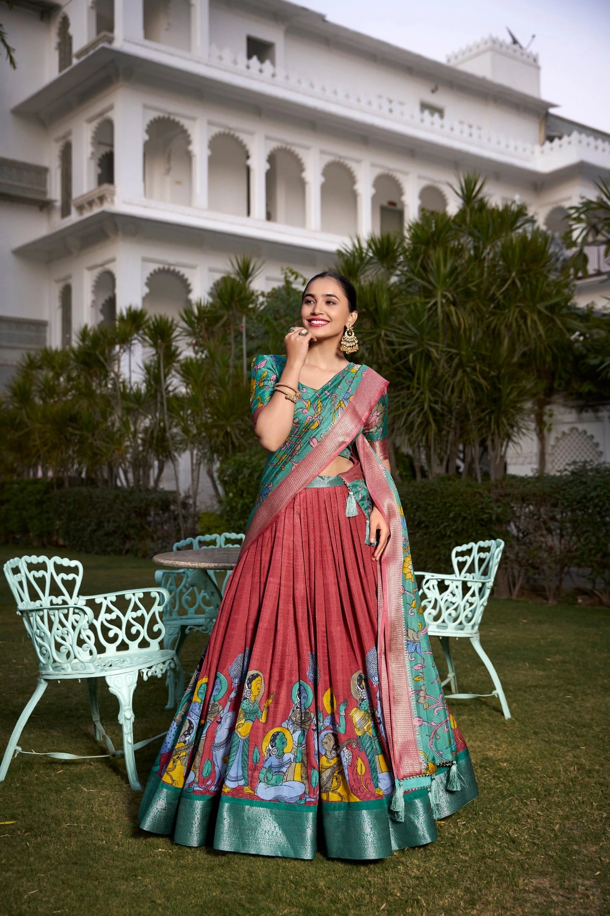 Kalamkari print Nehal Tusser silk lehenga – Kalyanja.