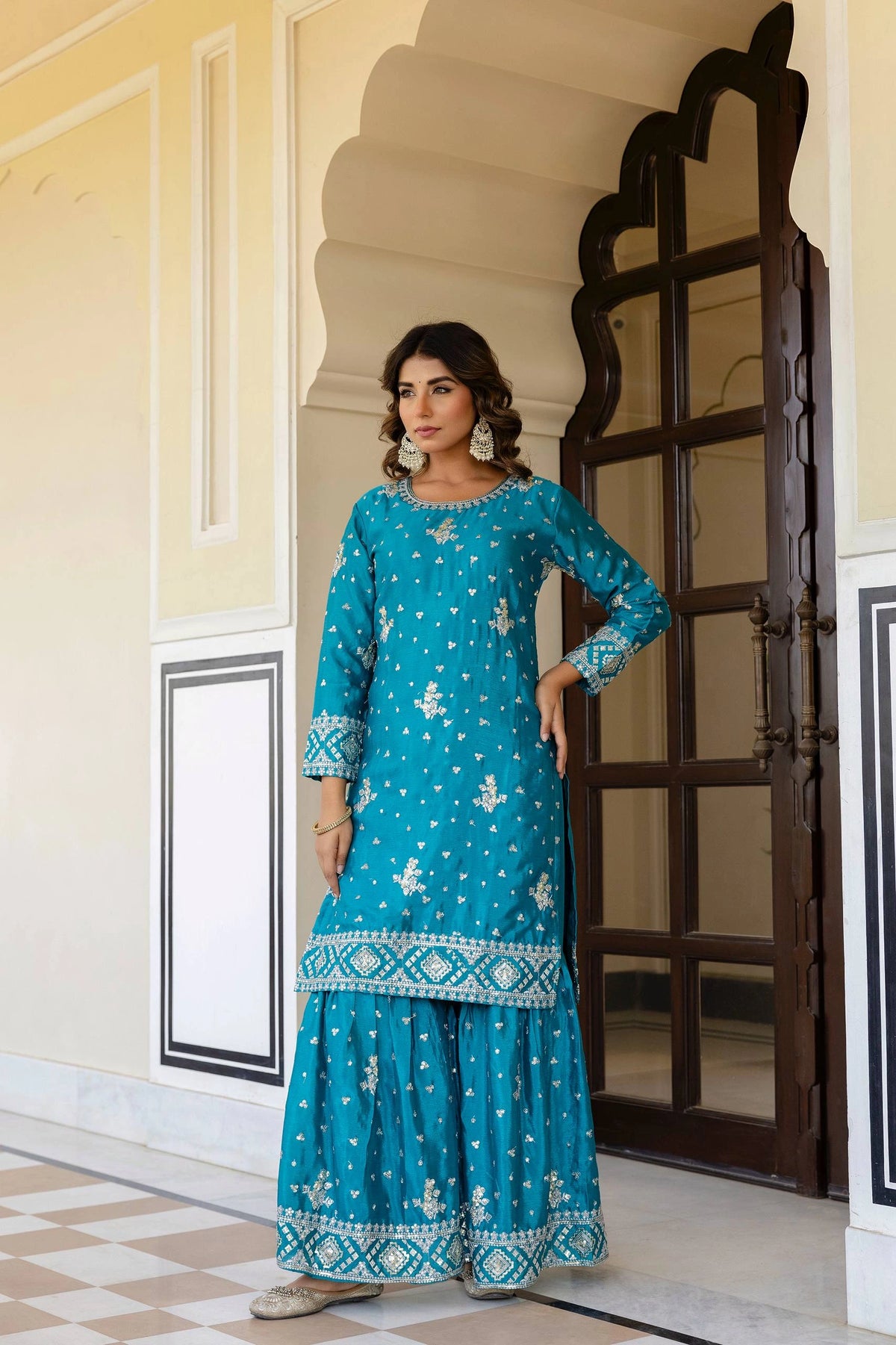 Blue Zari Embroidered Sequins Work Chinon Silk