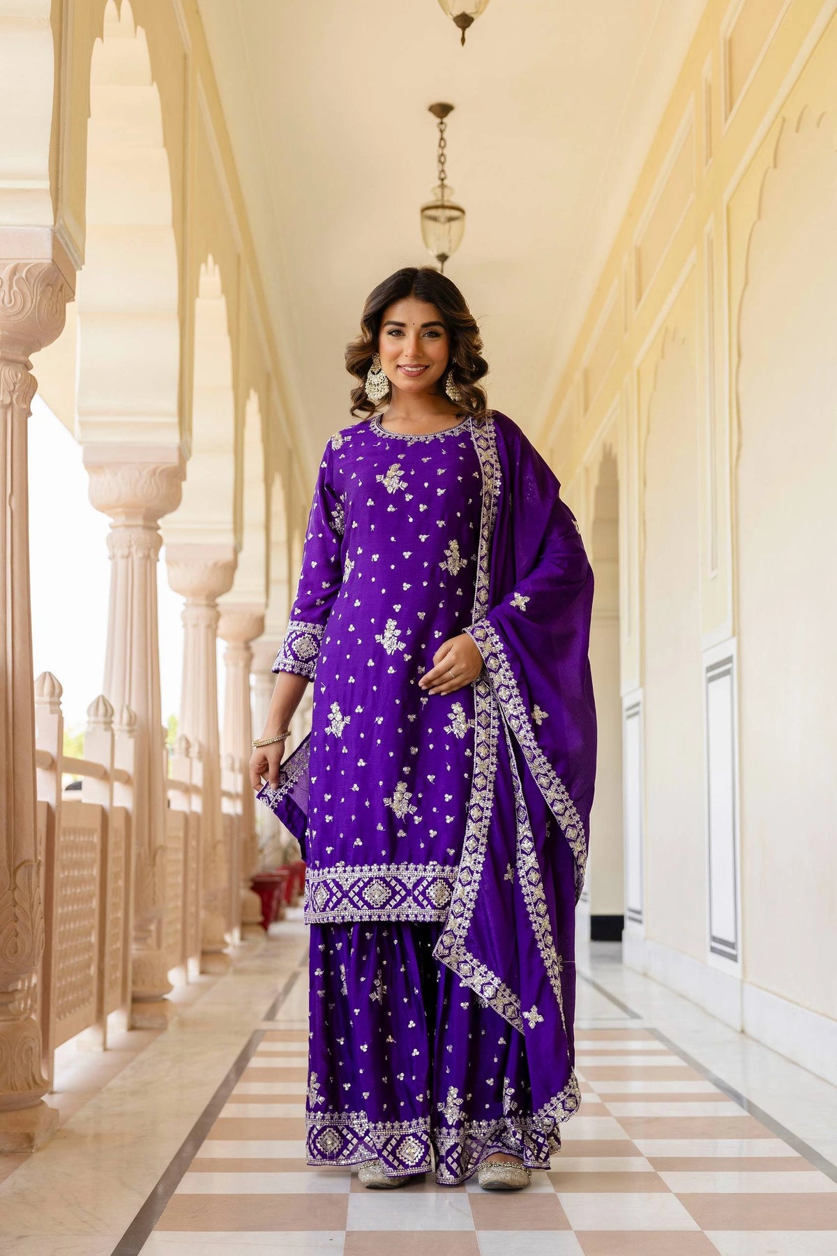 Silver embroidered purple Chinon silk sharara suit – Kalyanja.