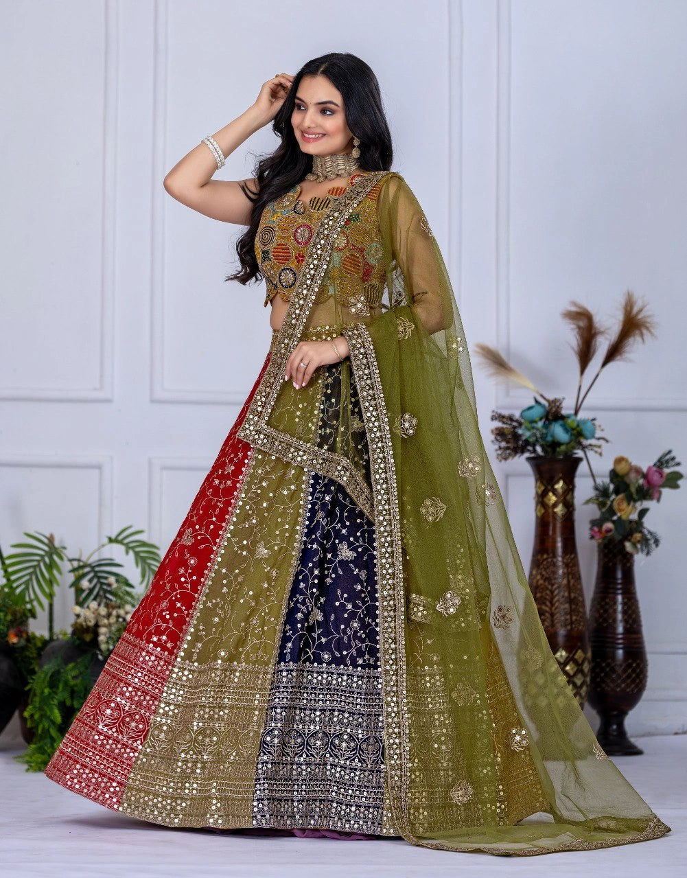 olive green embroidered with thread sequins work star faux georgette lehenga