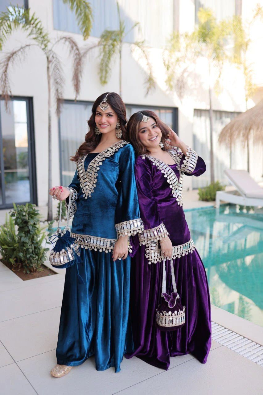 deep purple mirror work zari embroidered velvet suit