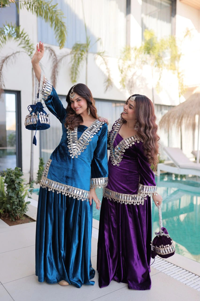 Deep Purple Mirror Work Zari Embroidered Velvet Suit