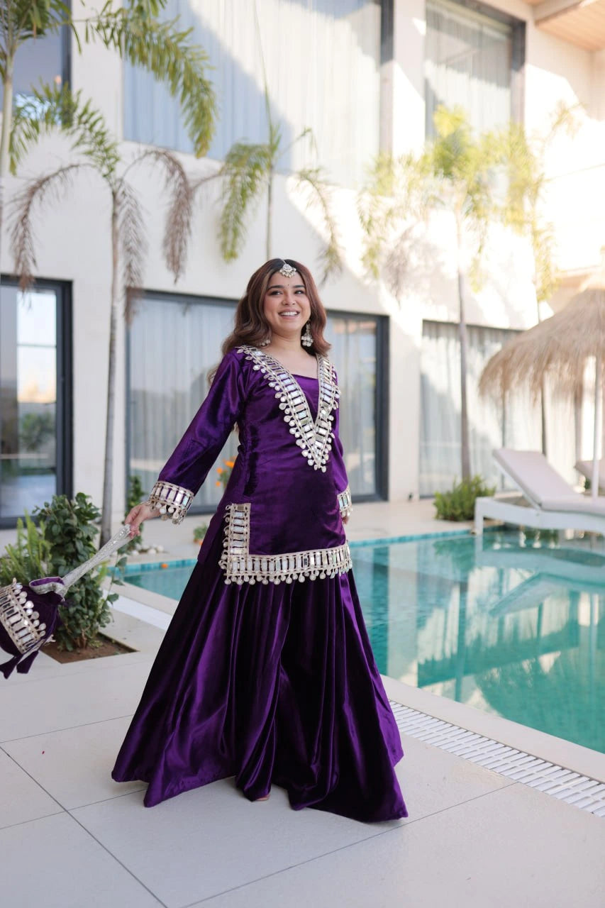 deep purple mirror work zari embroidered velvet suit