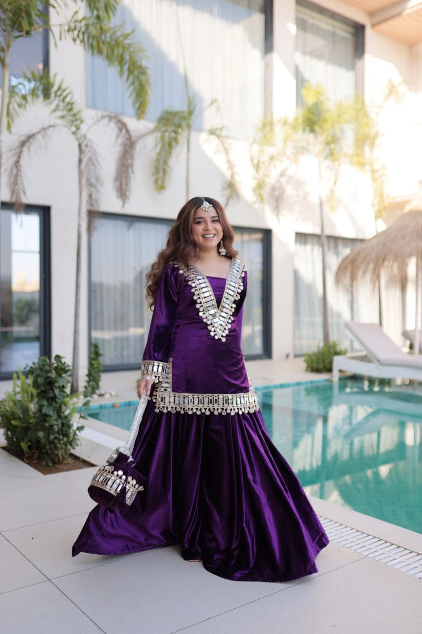 deep purple mirror work zari embroidered velvet suit