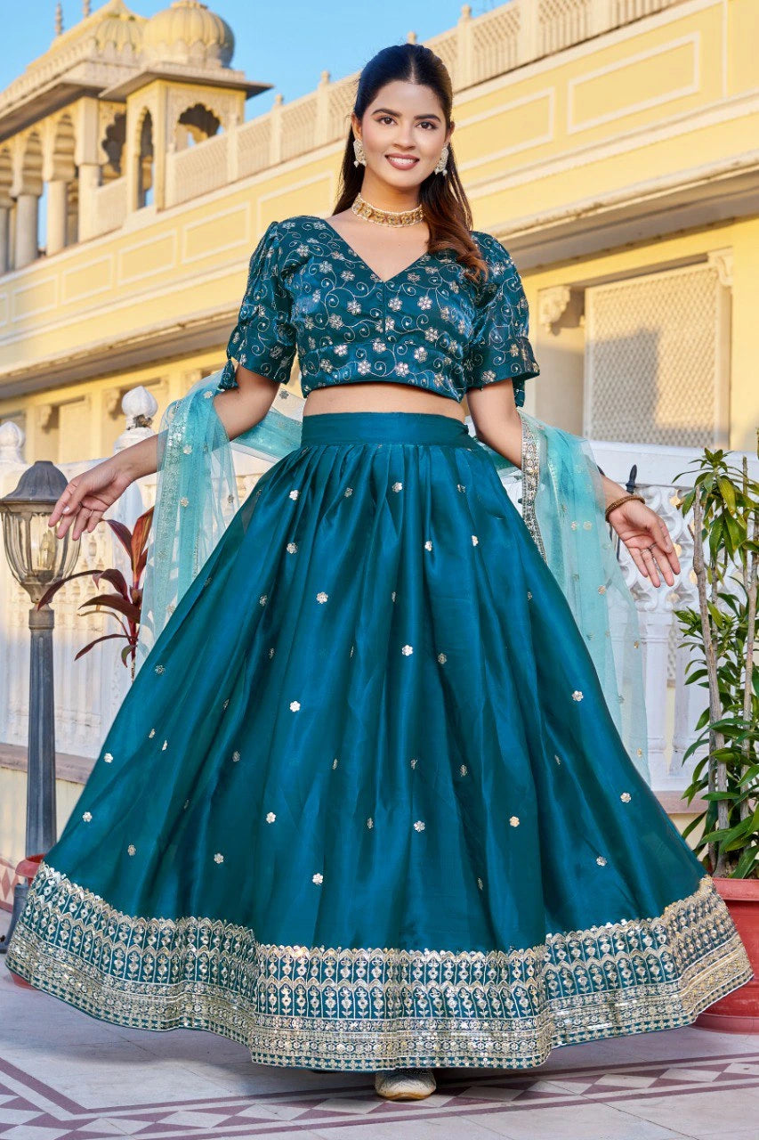rama blue embroidered with thread sequins work silk