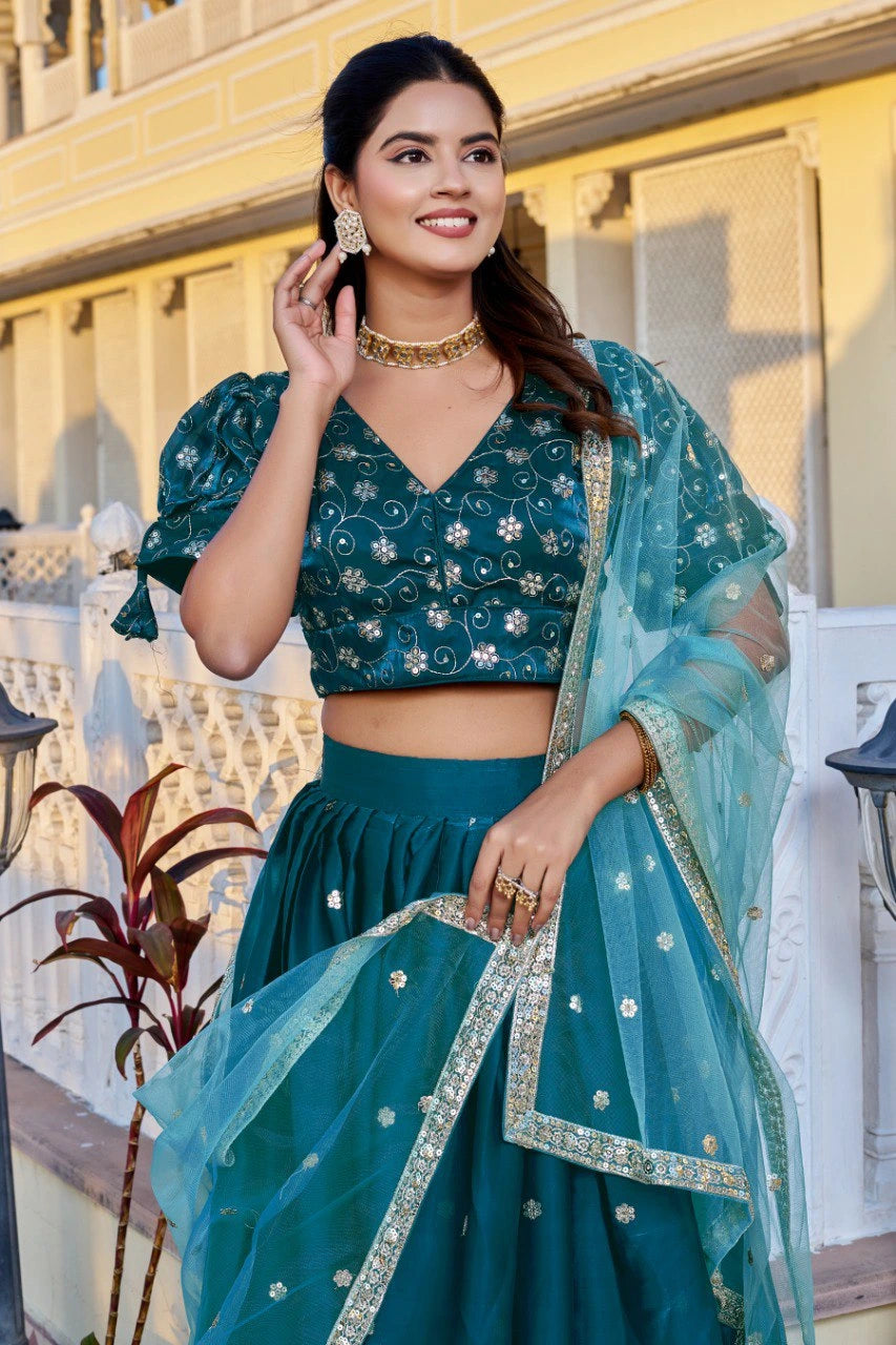 rama blue embroidered with thread sequins work silk