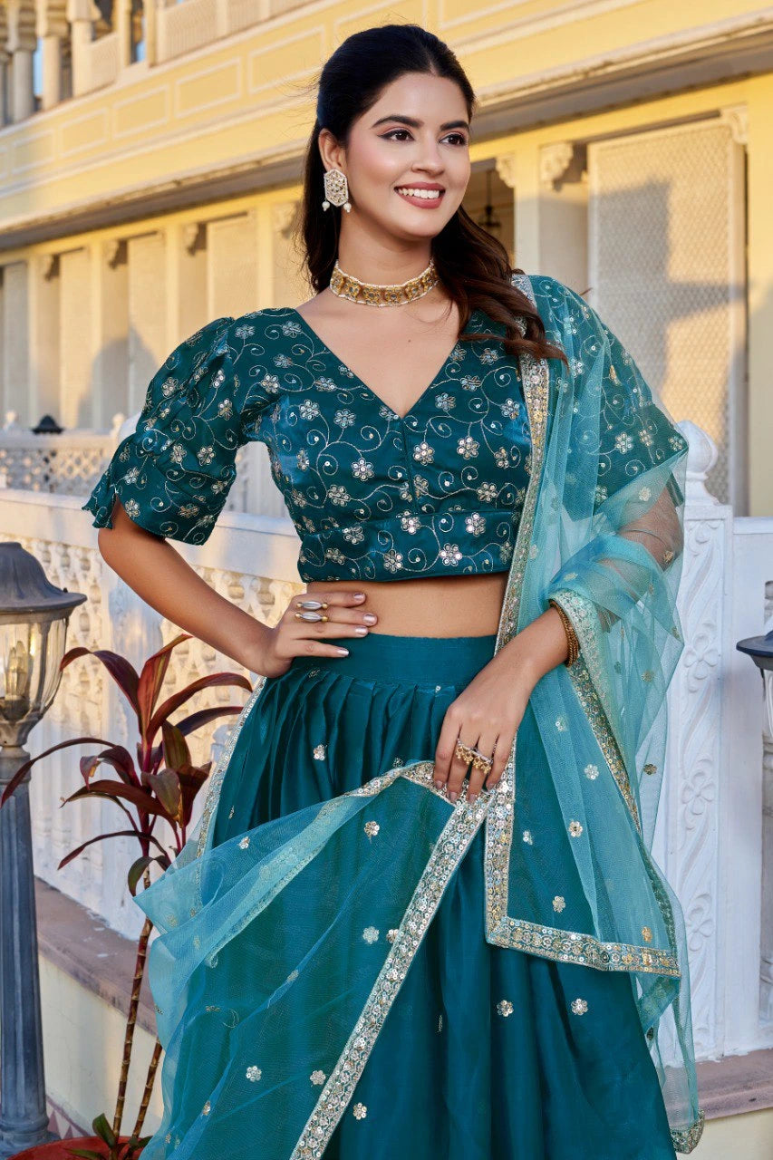 rama blue embroidered with thread sequins work silk