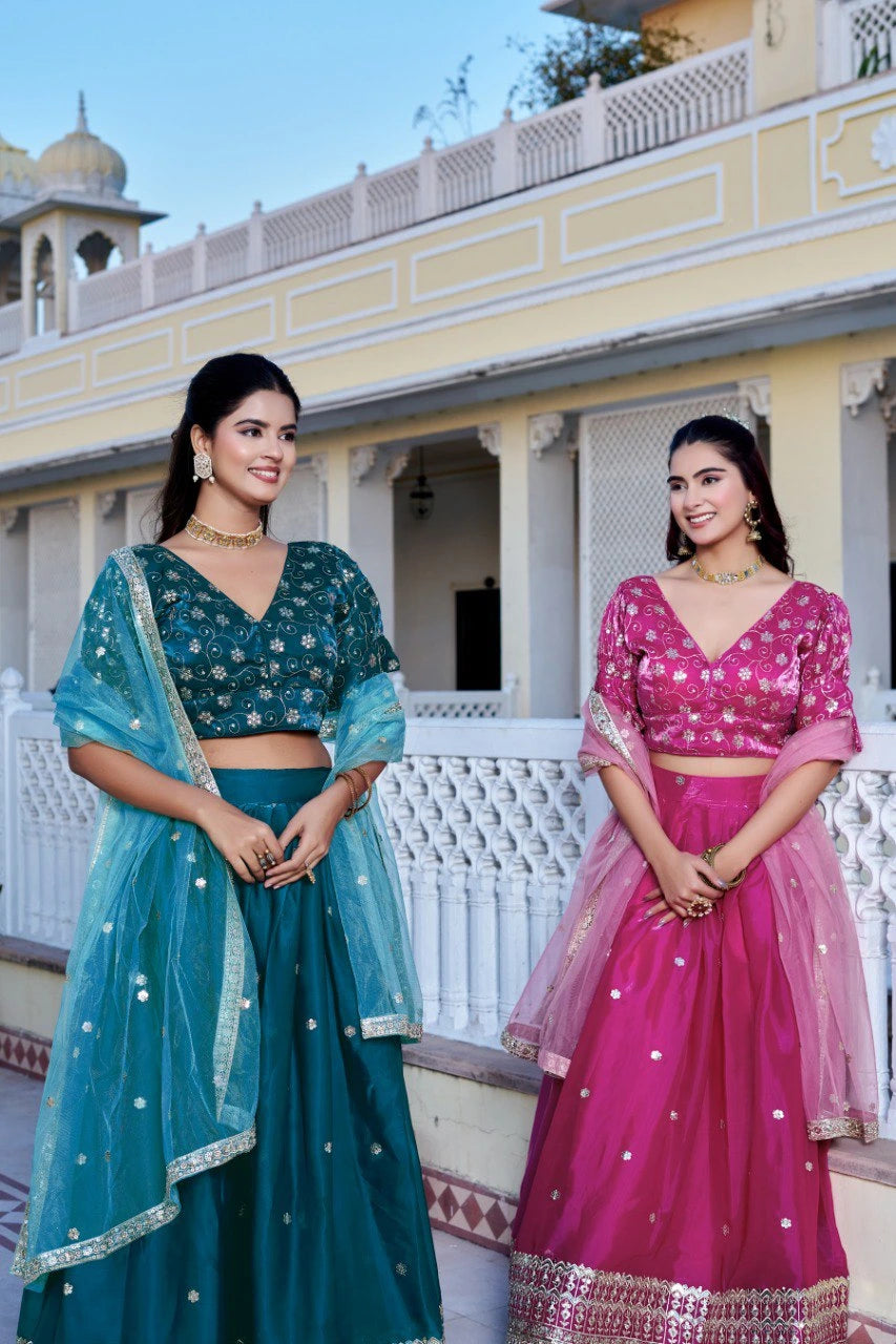 Rama Blue Embroidered With Thread Sequins Work Silk