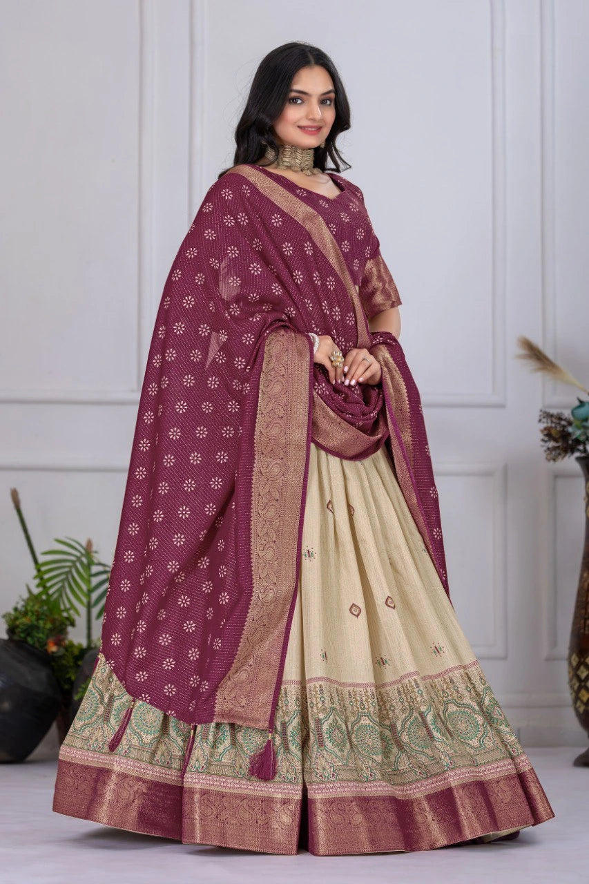 wine jacquard with zari lining printed lichi lehenga