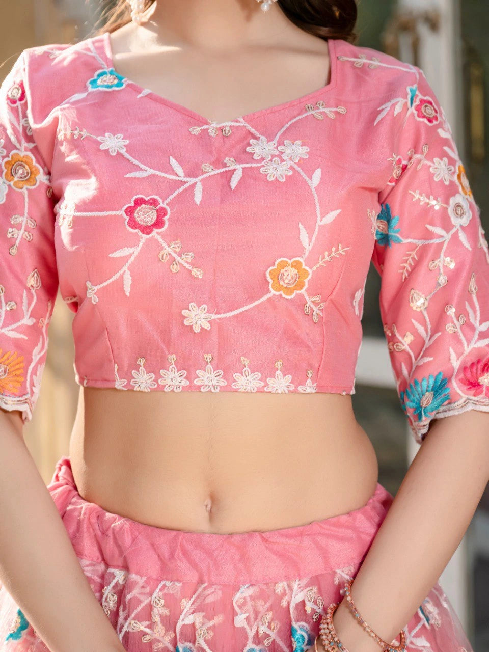 pink sequins thread embroidered lehenga