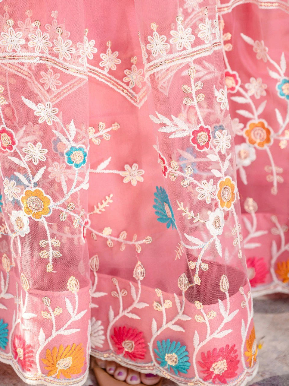 pink sequins thread embroidered lehenga