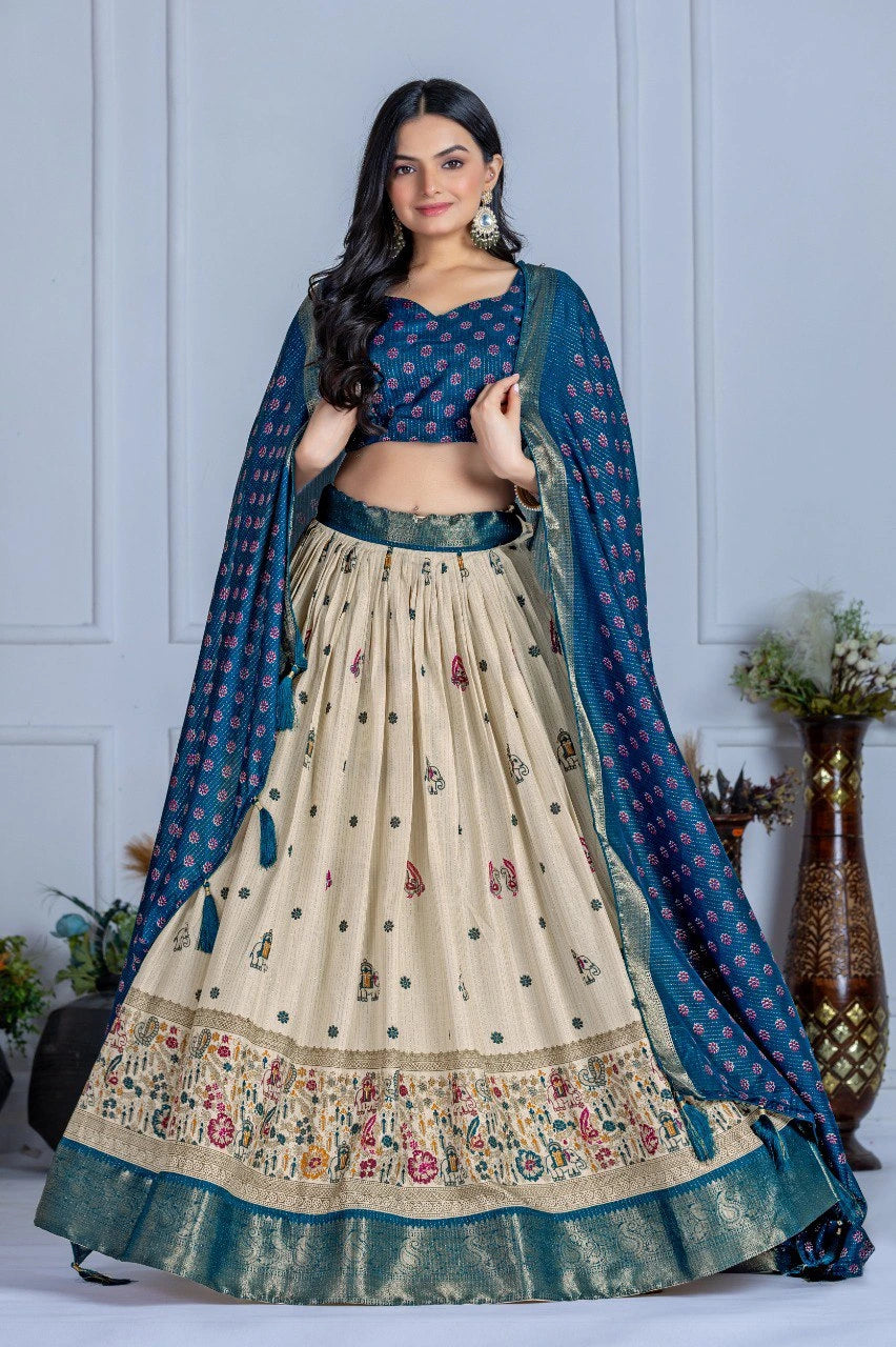 Blue Jacquard With Zari Lining Printed Heavy Lichi Lehenga