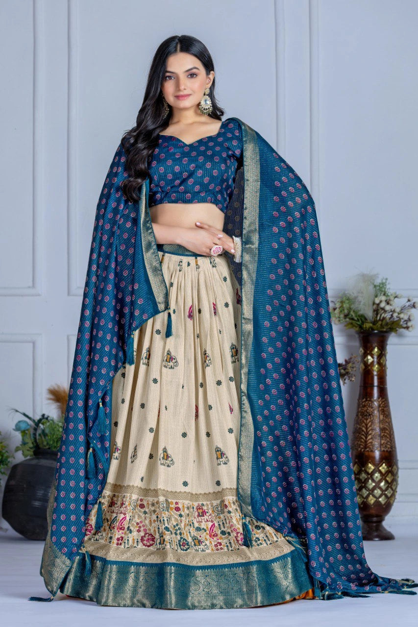 blue jacquard with zari lining printed heavy lichi lehenga
