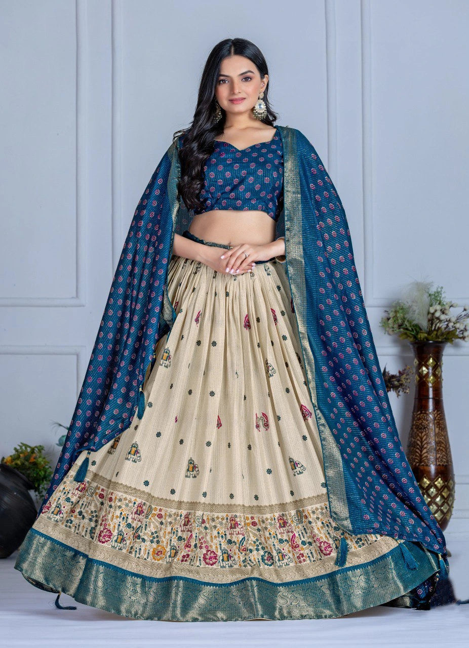Blue Jacquard With Zari Lining Printed Heavy Lichi Lehenga