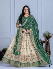 dark green jacquard with zari lining printed heavy lichi leheng