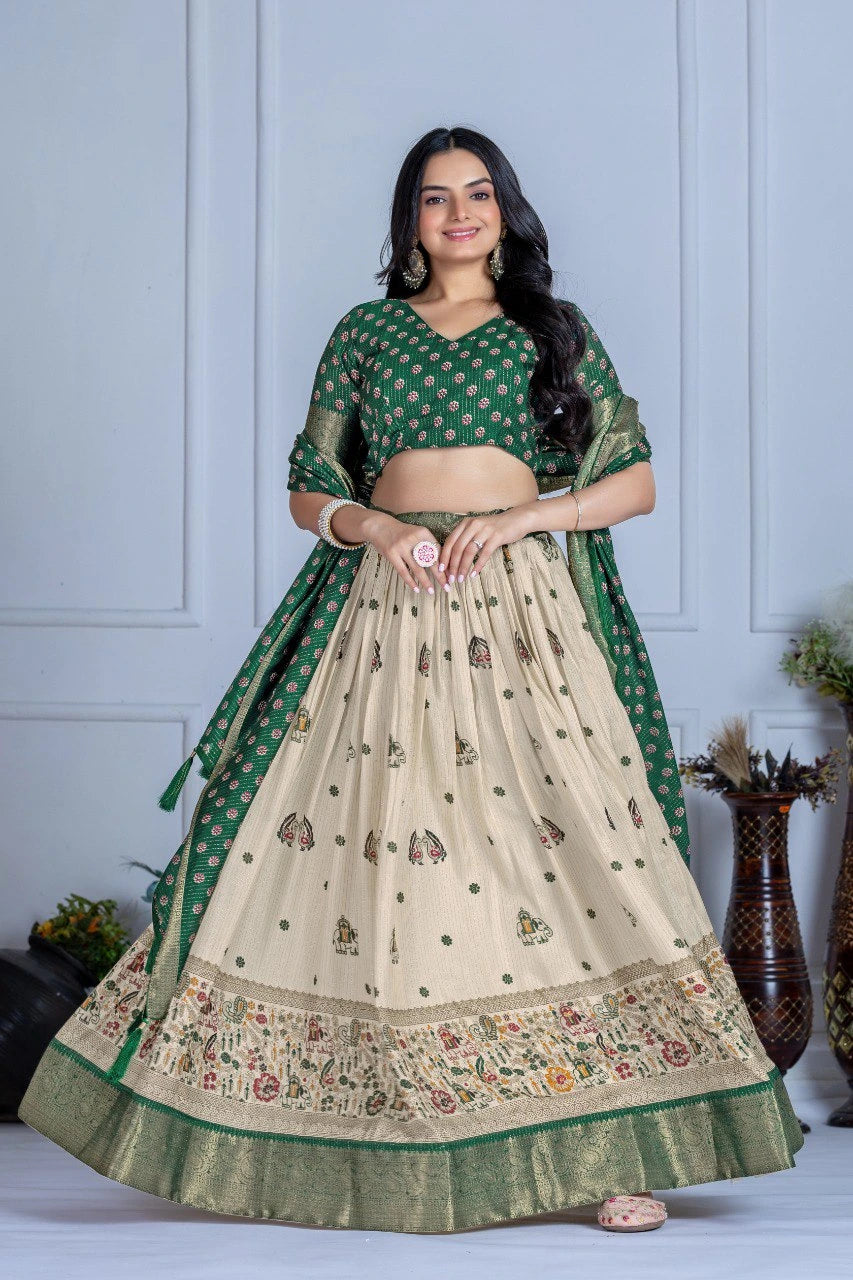 dark green jacquard with zari lining printed heavy lichi lehenga