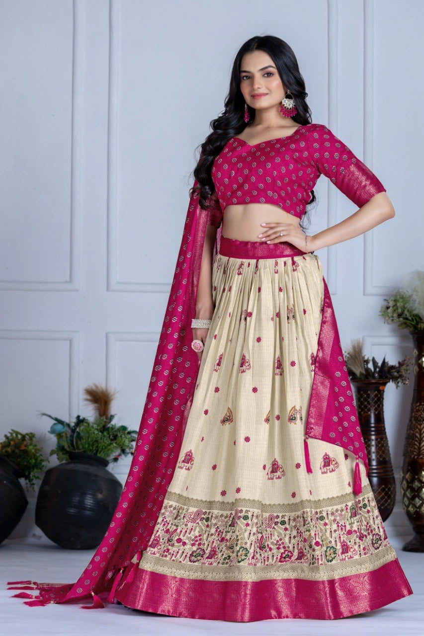dark pink jacquard with zari lining printed heavy lichi lehenga
