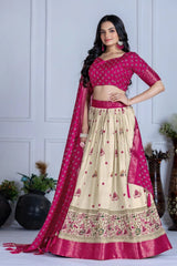 dark pink jacquard with zari lining printed heavy lichi lehenga