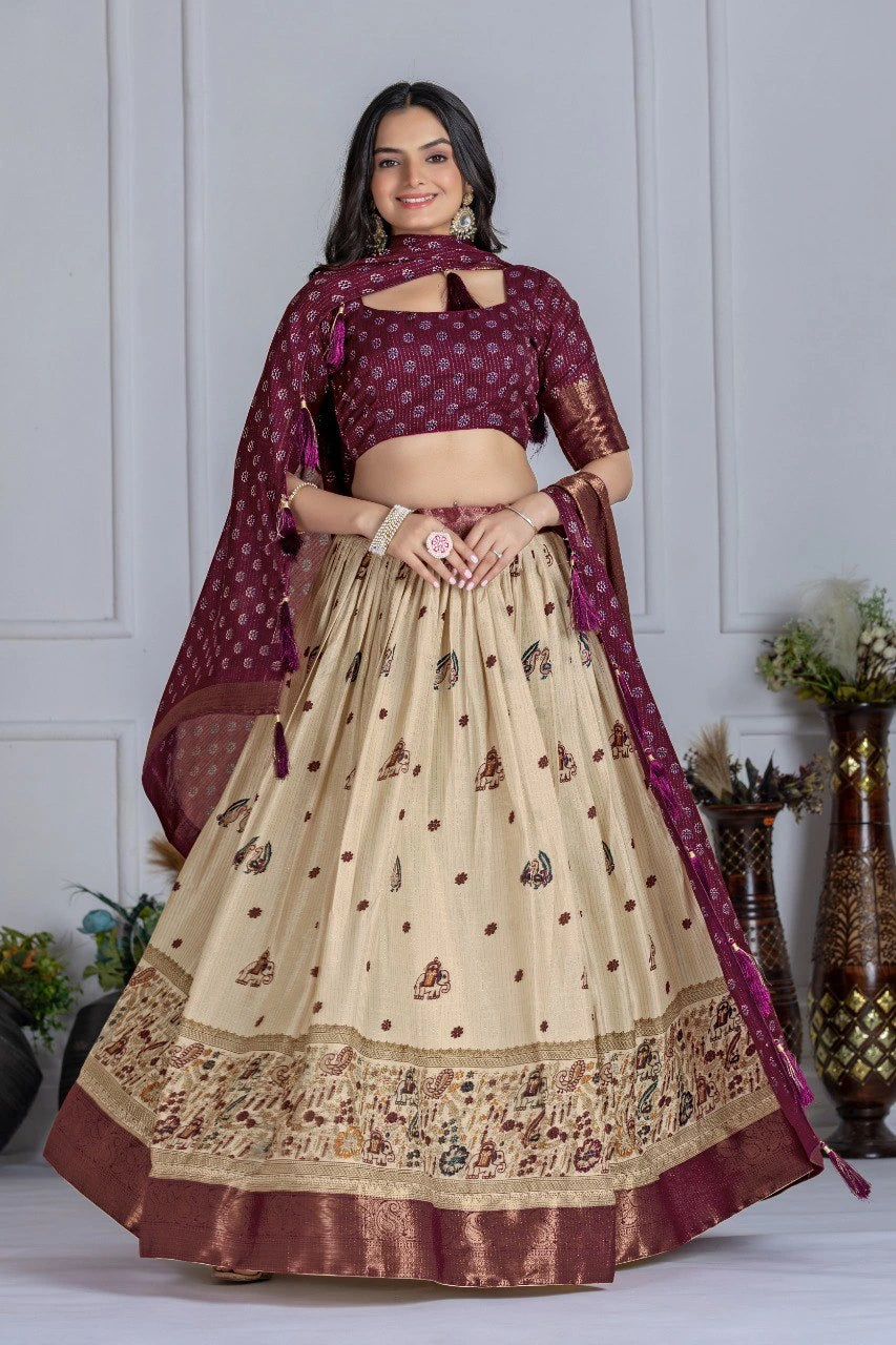wine jacquard with zari lining printed heavy lichi lehenga