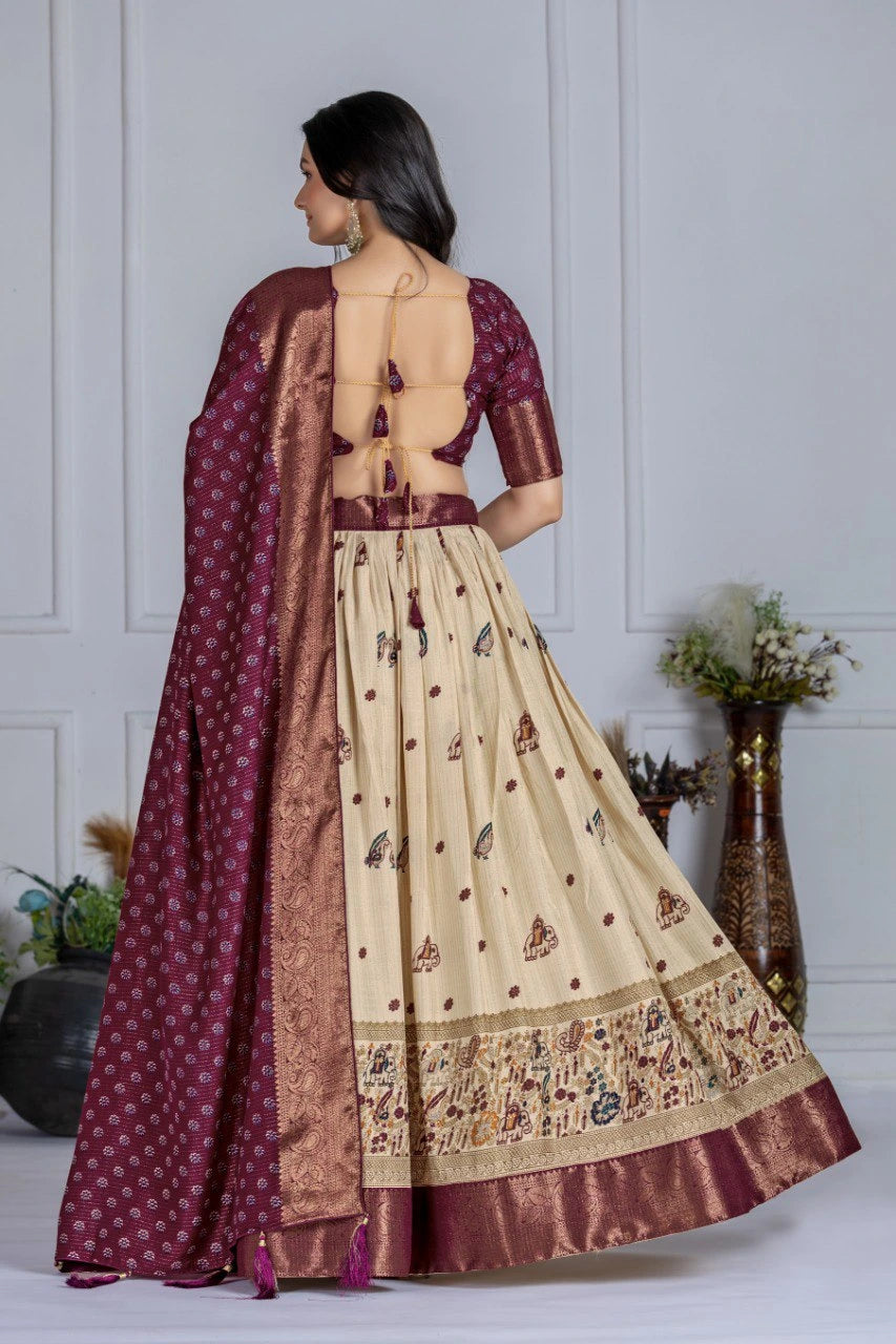 wine jacquard with zari lining printed heavy lichi lehenga