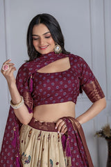 wine jacquard with zari lining printed heavy lichi lehenga
