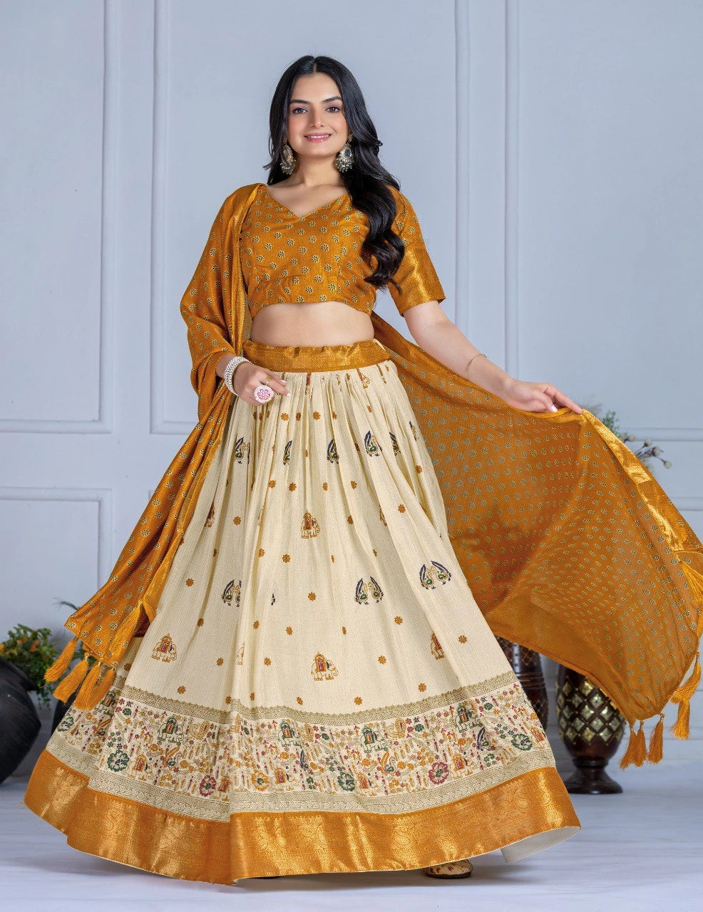 mustard yellow jacquard with zari lining printed heavy lichi lehenga