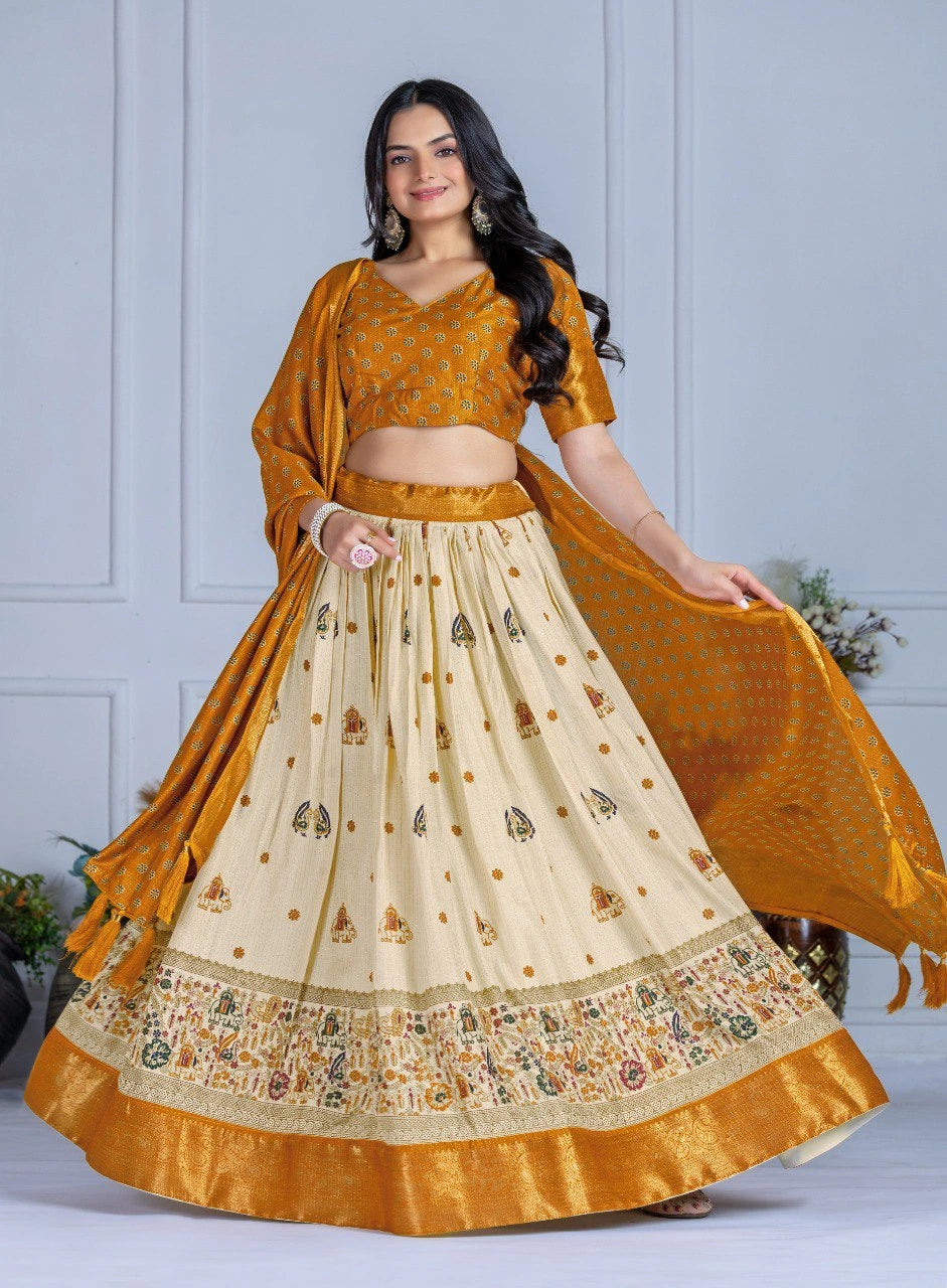 mustard yellow jacquard with zari lining printed heavy lichi lehenga