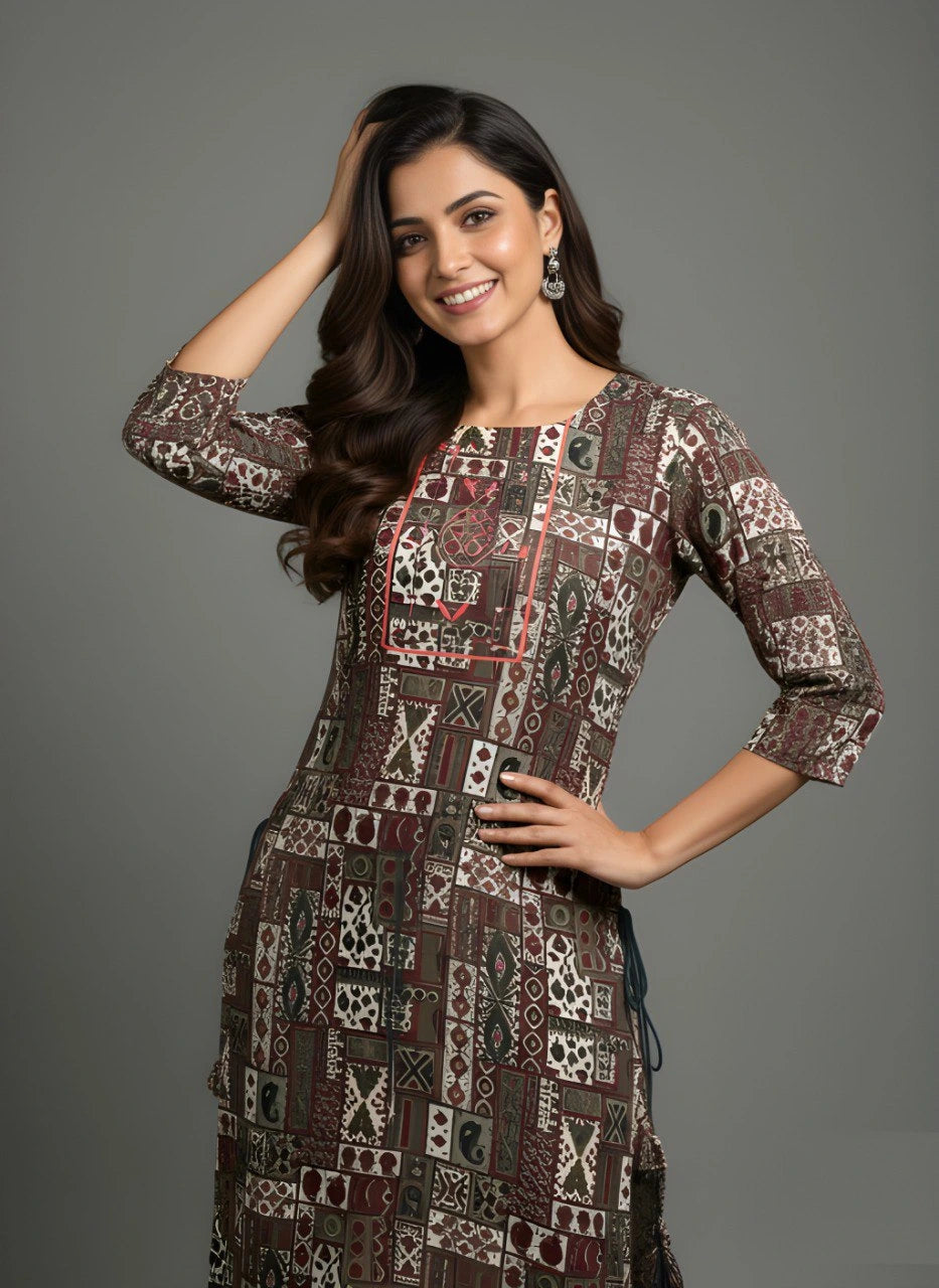 Woman wearing a patterned dress against a gray background