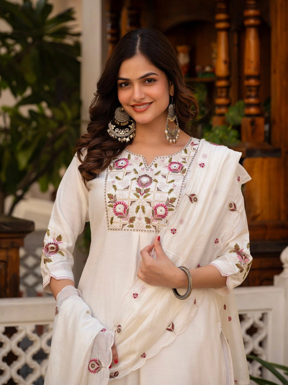 white sequins embroidered handwork viscose silk kurti