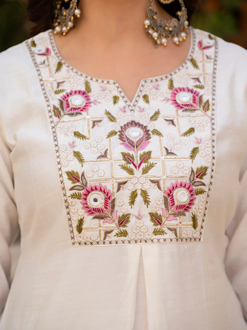 White Sequins Embroidered Handwork Viscose Silk Kurti