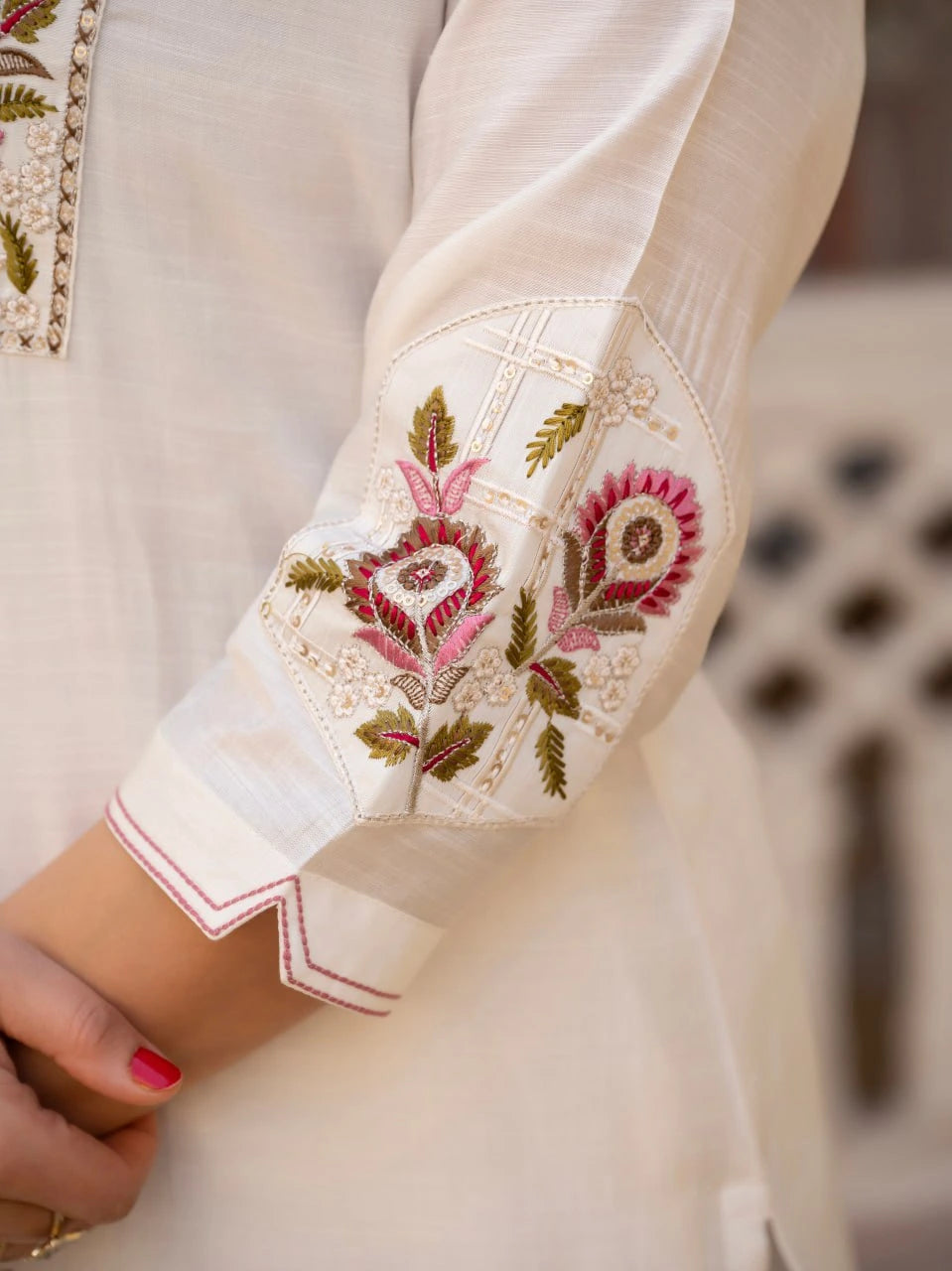 white sequins embroidered handwork viscose silk kurti