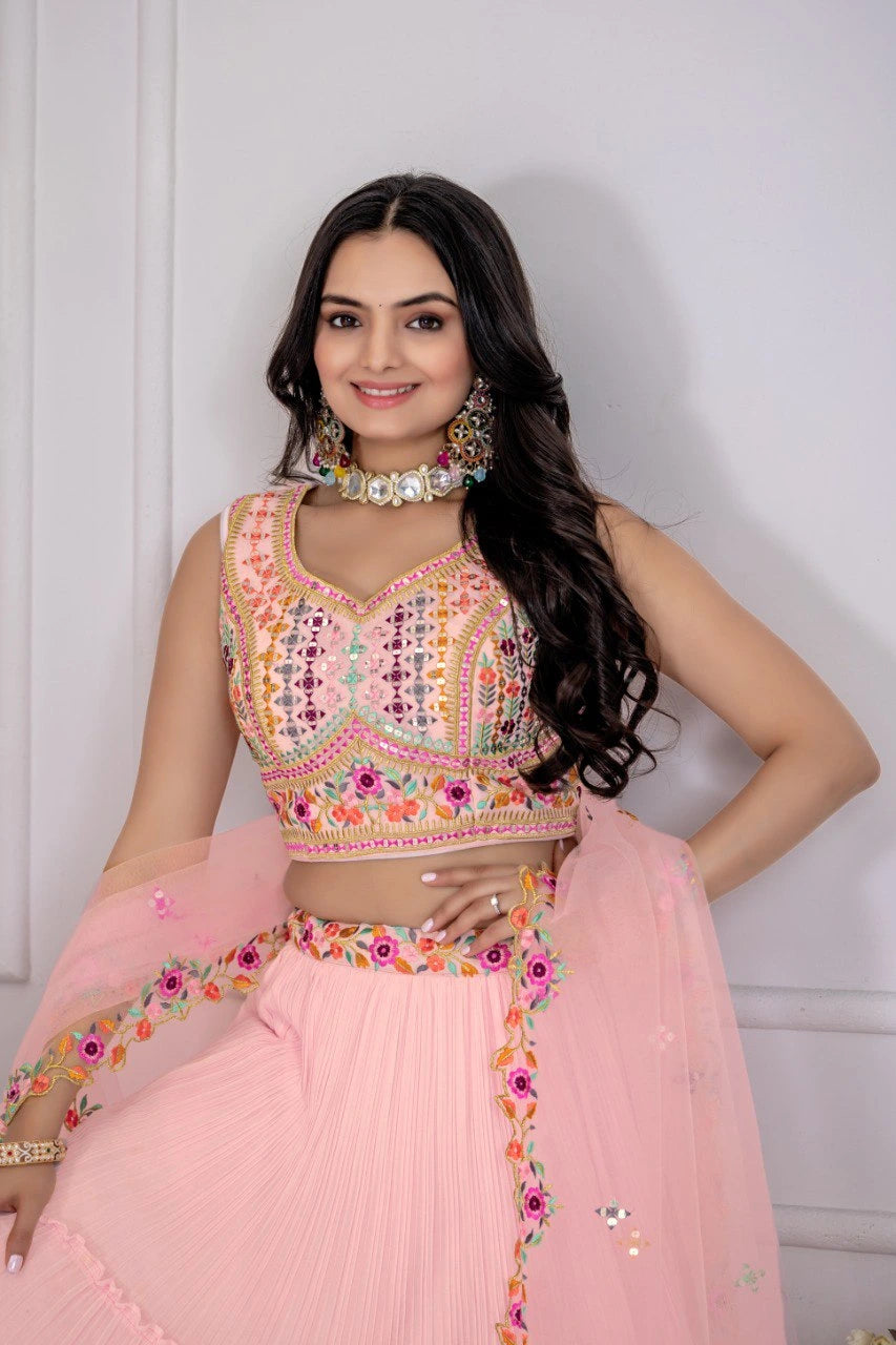 Pink Plain With Crease Work Faux Georgette Lehenga