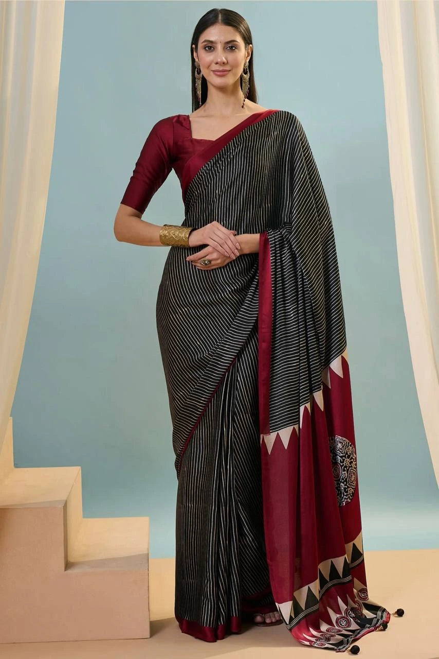 black digital printed silk saree