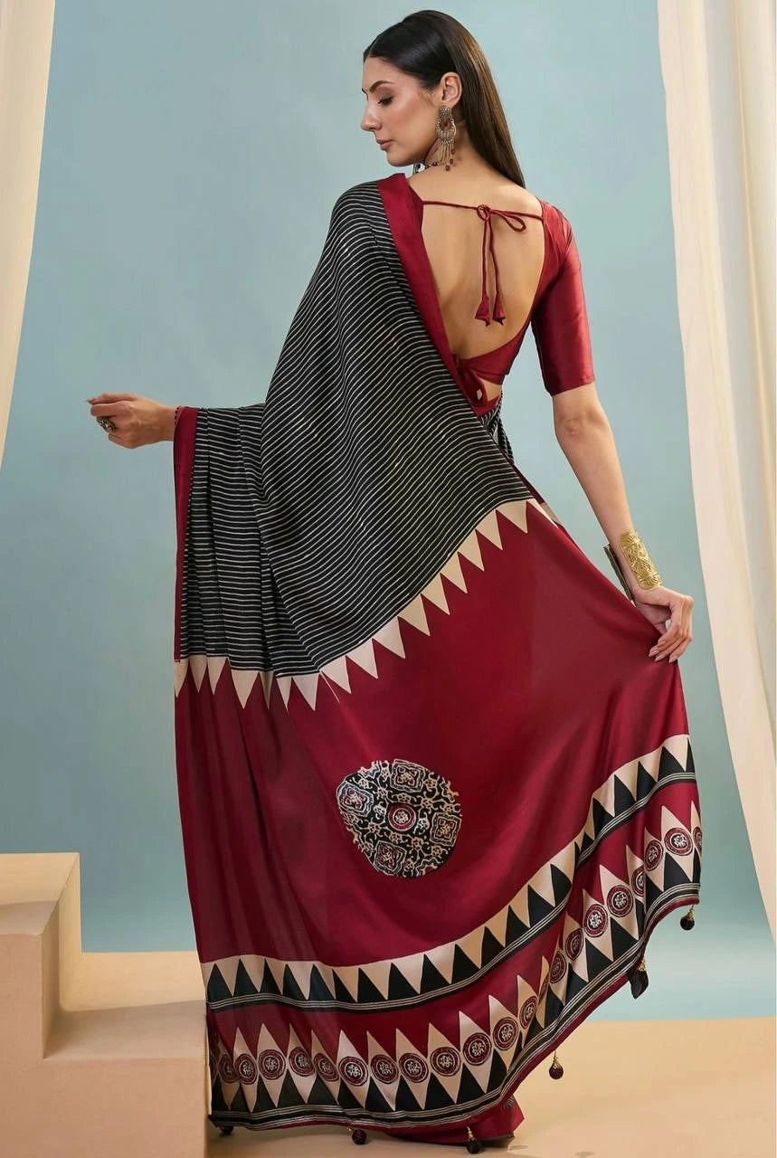 black digital printed silk saree