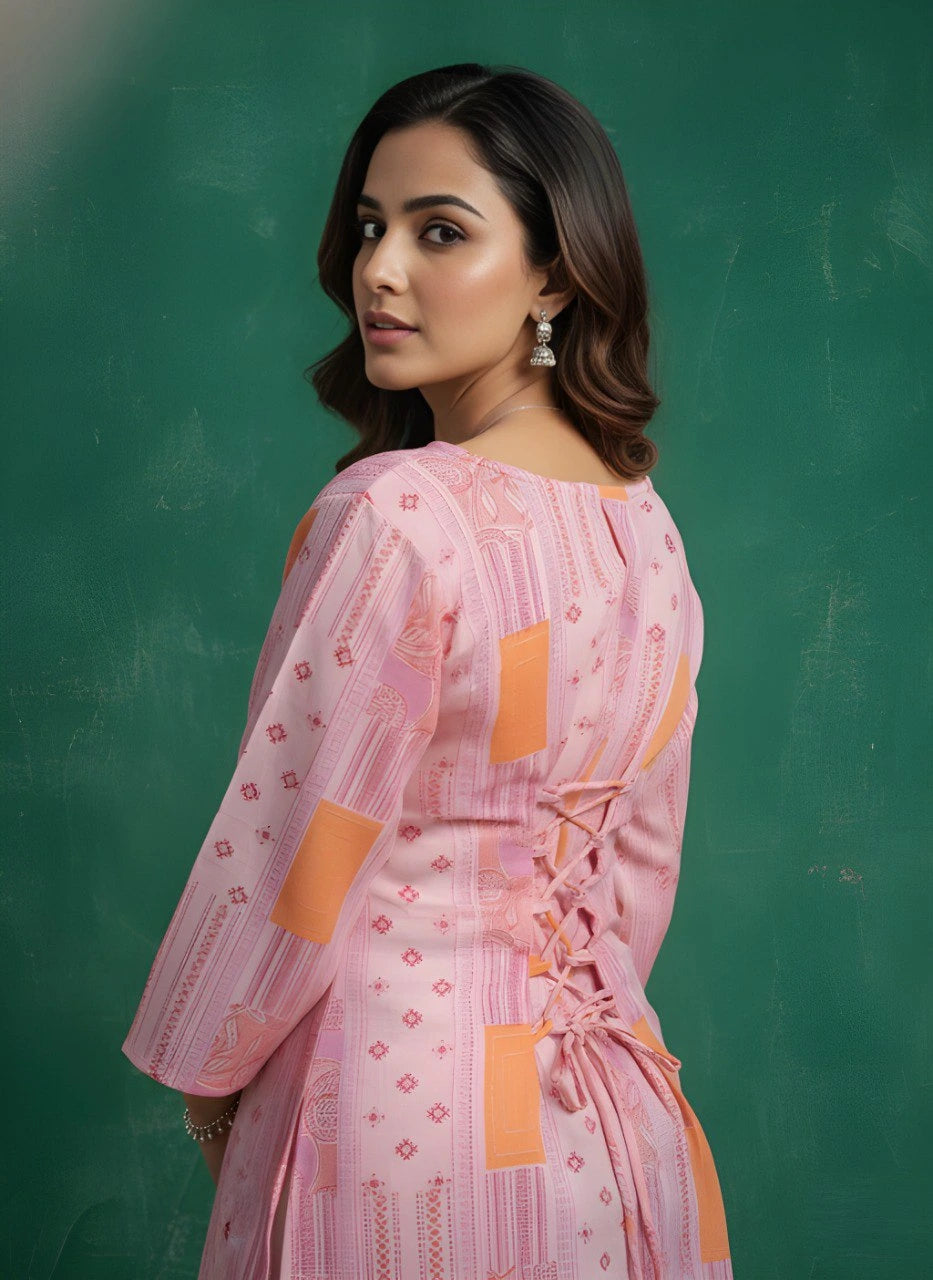 Woman wearing a pink and orange traditional outfit against a green chalkboard background