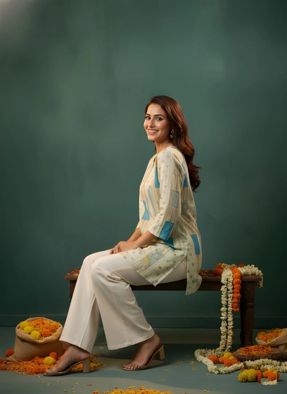 Off White Printed Cotton Short Kurti