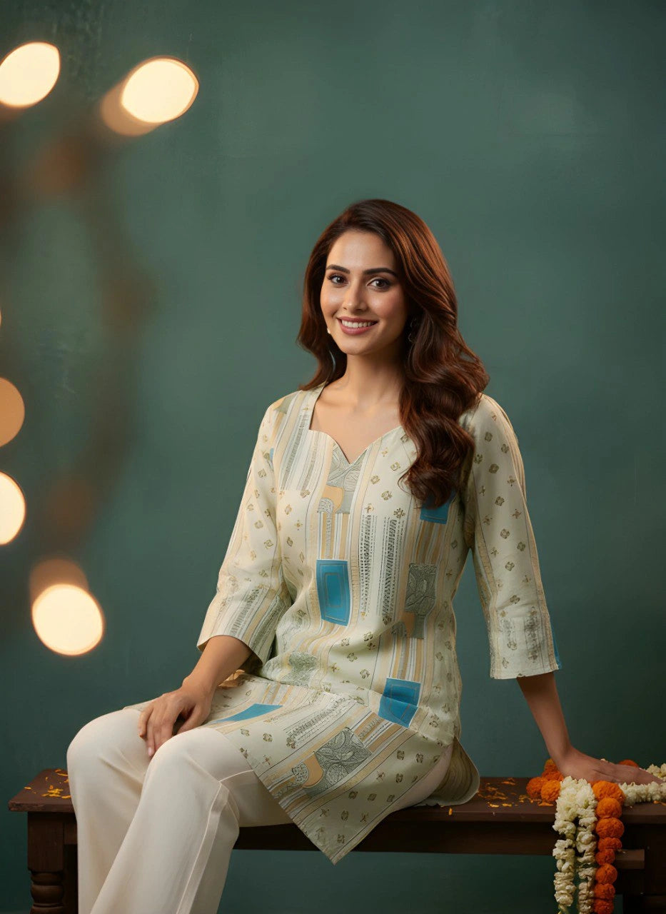 off-white printed cotton short kurti