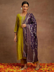 Woman wearing a green kurta with a purple saree on a brown background