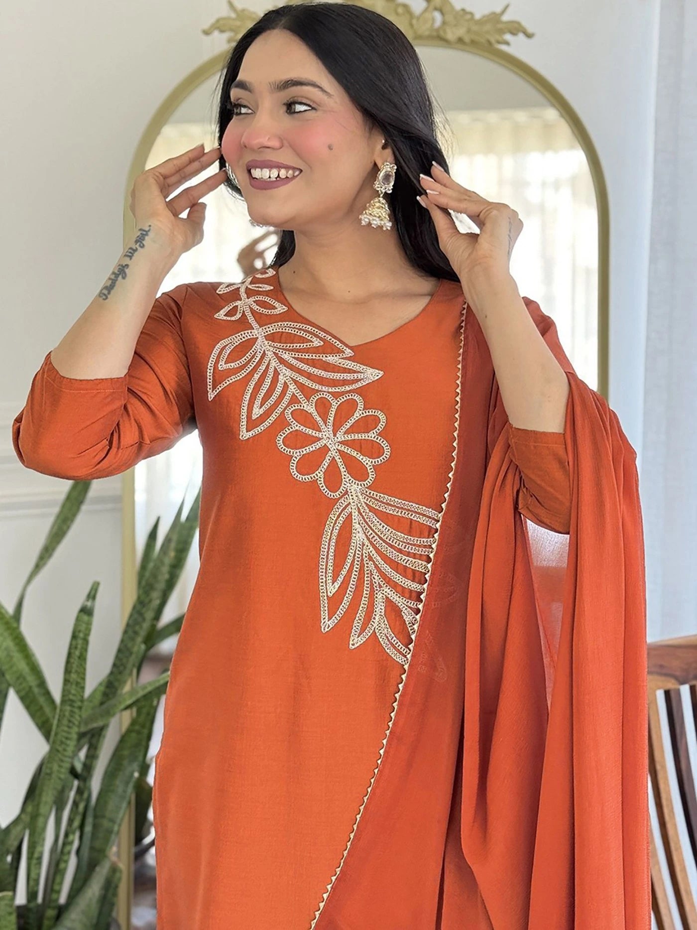 Orange Tesla Embroidered Kurti Set