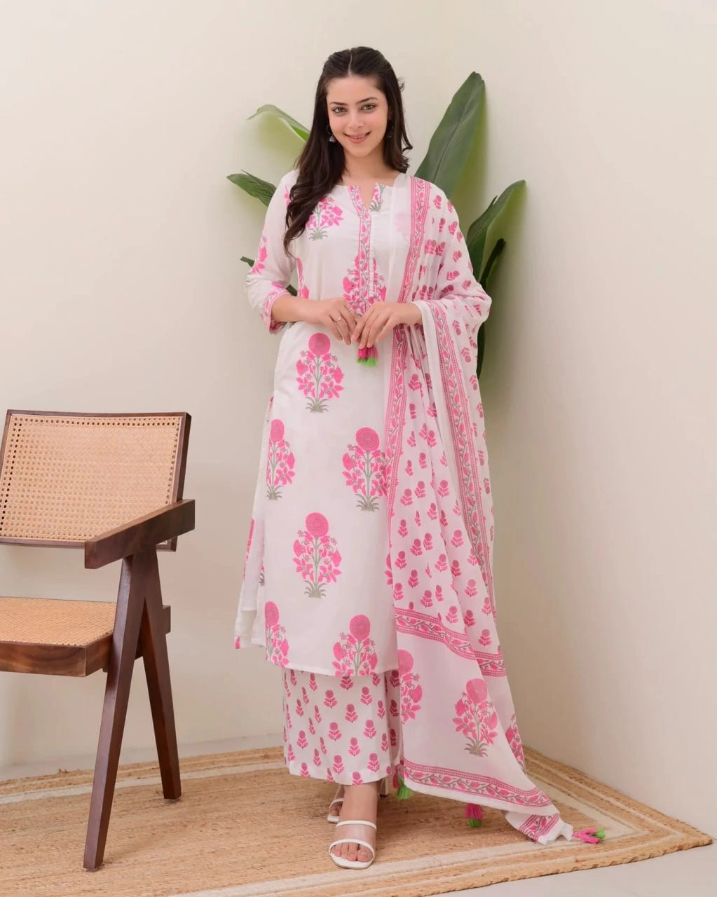 Woman wearing a white and pink floral outfit with a chair and plants in the background