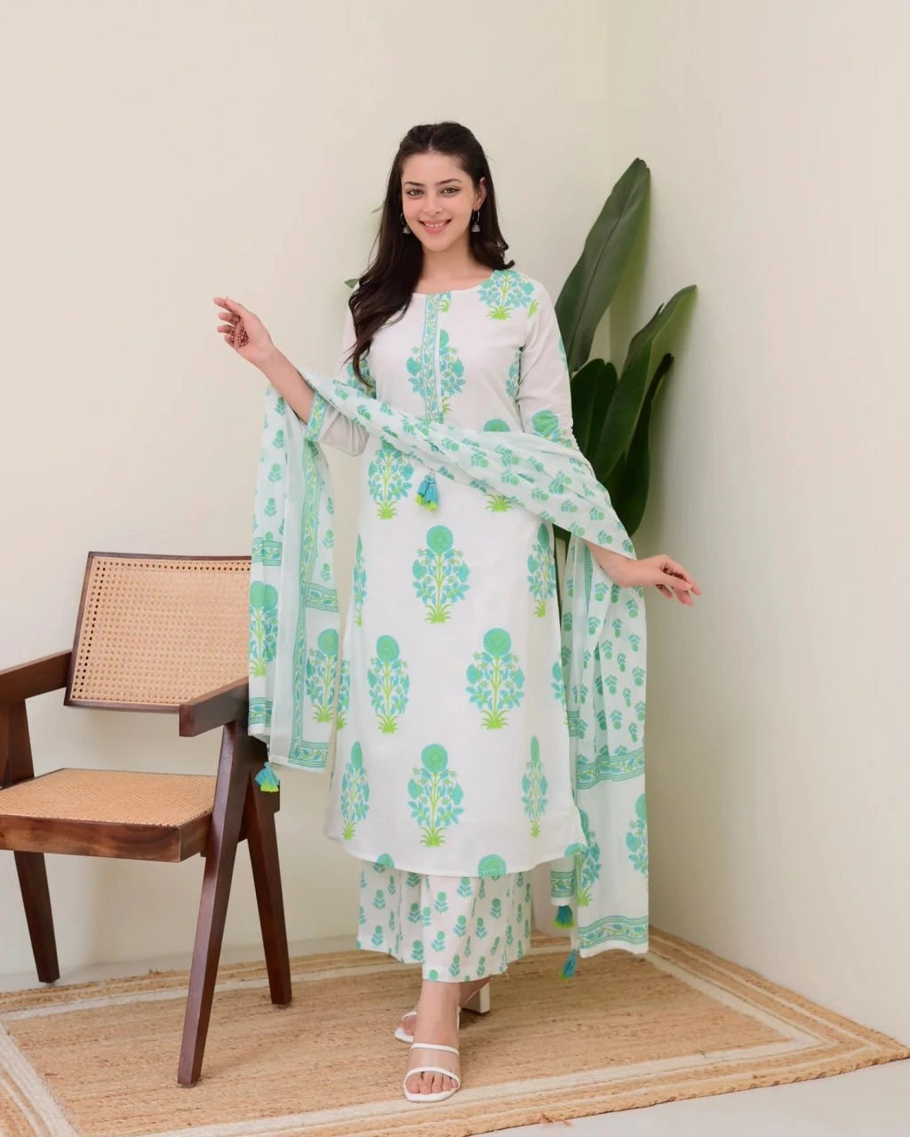 Woman wearing a white floral dress with a green dupatta in a room with a chair and plant.
